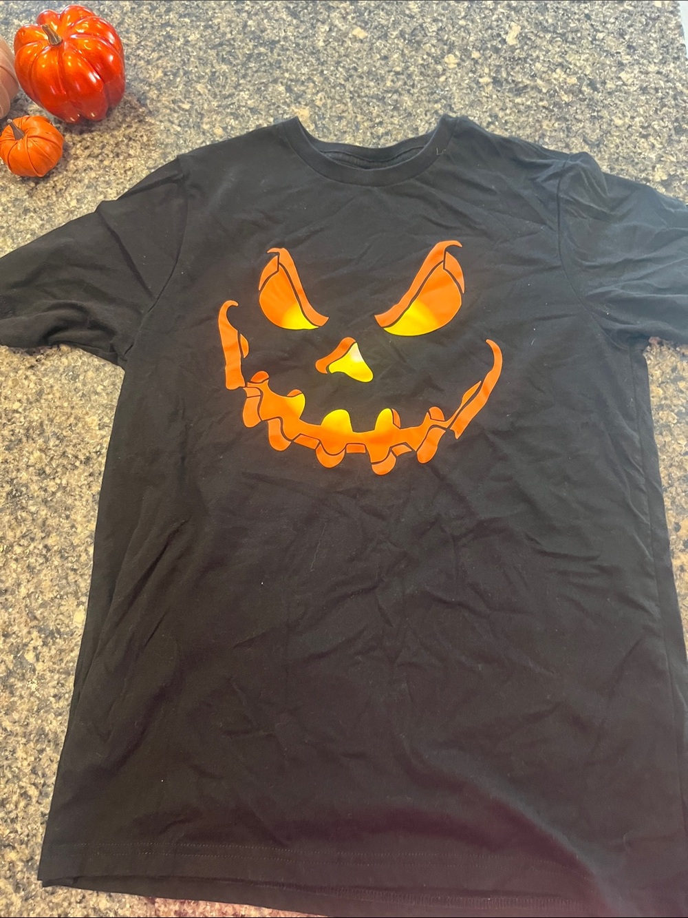 Black Halloween Pumpkin Face Graphic Tee - Orange Print